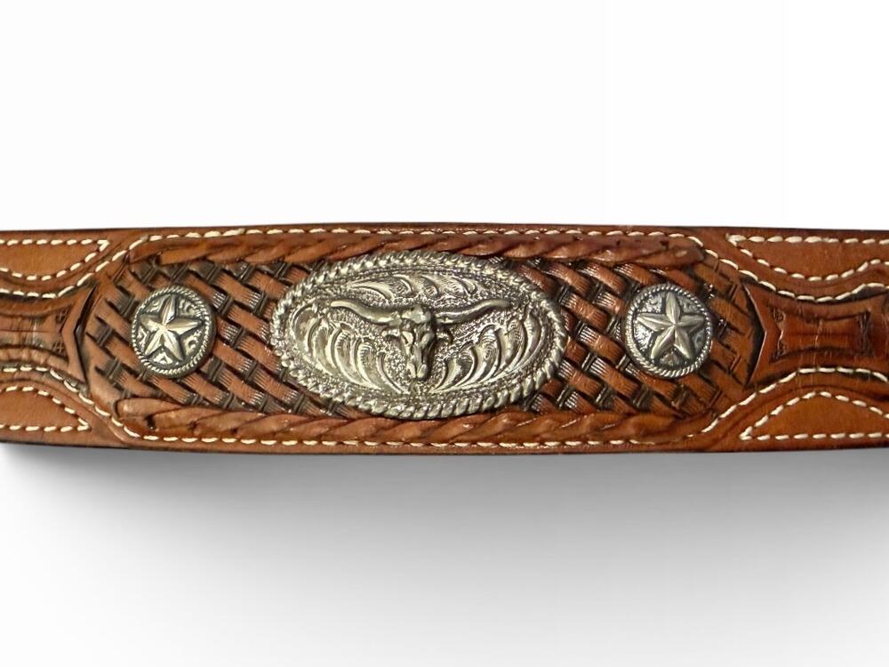 Nocona Men 36 Western Basketweave Leather Belt Longhorn Texas Star No Buckle